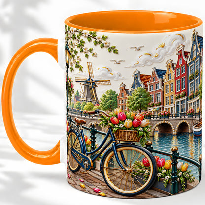 #pl[11oz|Orange] Amsterdam Canal Bicycle Tulips Ceramic Mug for Travel Lovers