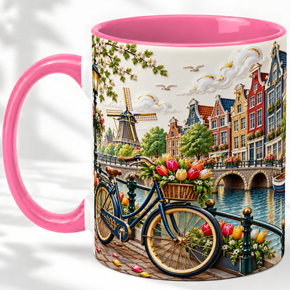#pl[11oz|Pink] Amsterdam Canal Bicycle Tulips Ceramic Mug for Travel Lovers