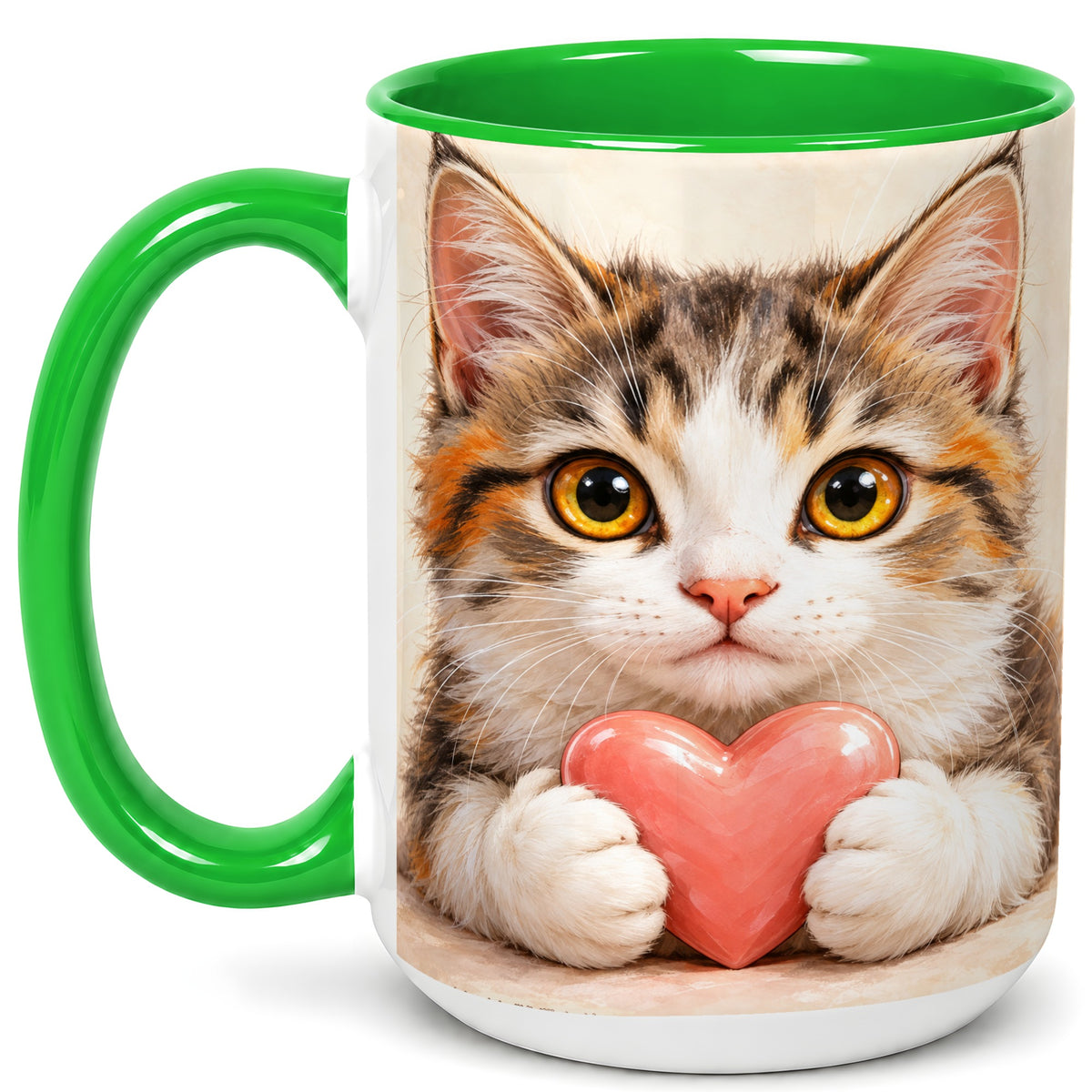 #pl[15oz|Green] Fluffy Cat Coffee Mug, Calico Kitten Heart Mug, Ceramic Cup