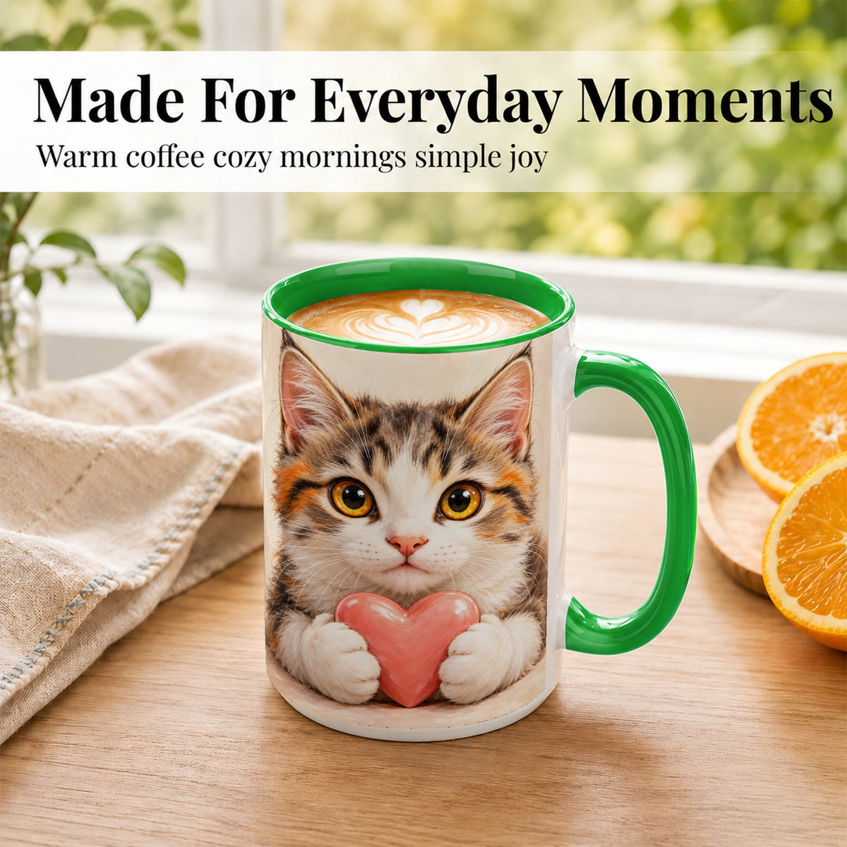 #pl[15oz|Green] Fluffy Cat Coffee Mug, Calico Kitten Heart Mug, Ceramic Cup