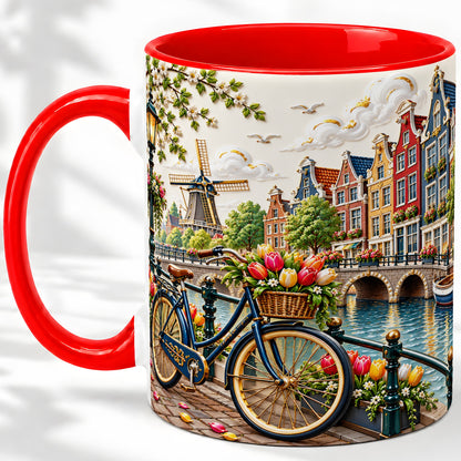 Amsterdam Canal Bicycle Tulips Ceramic Mug for Travel Lovers