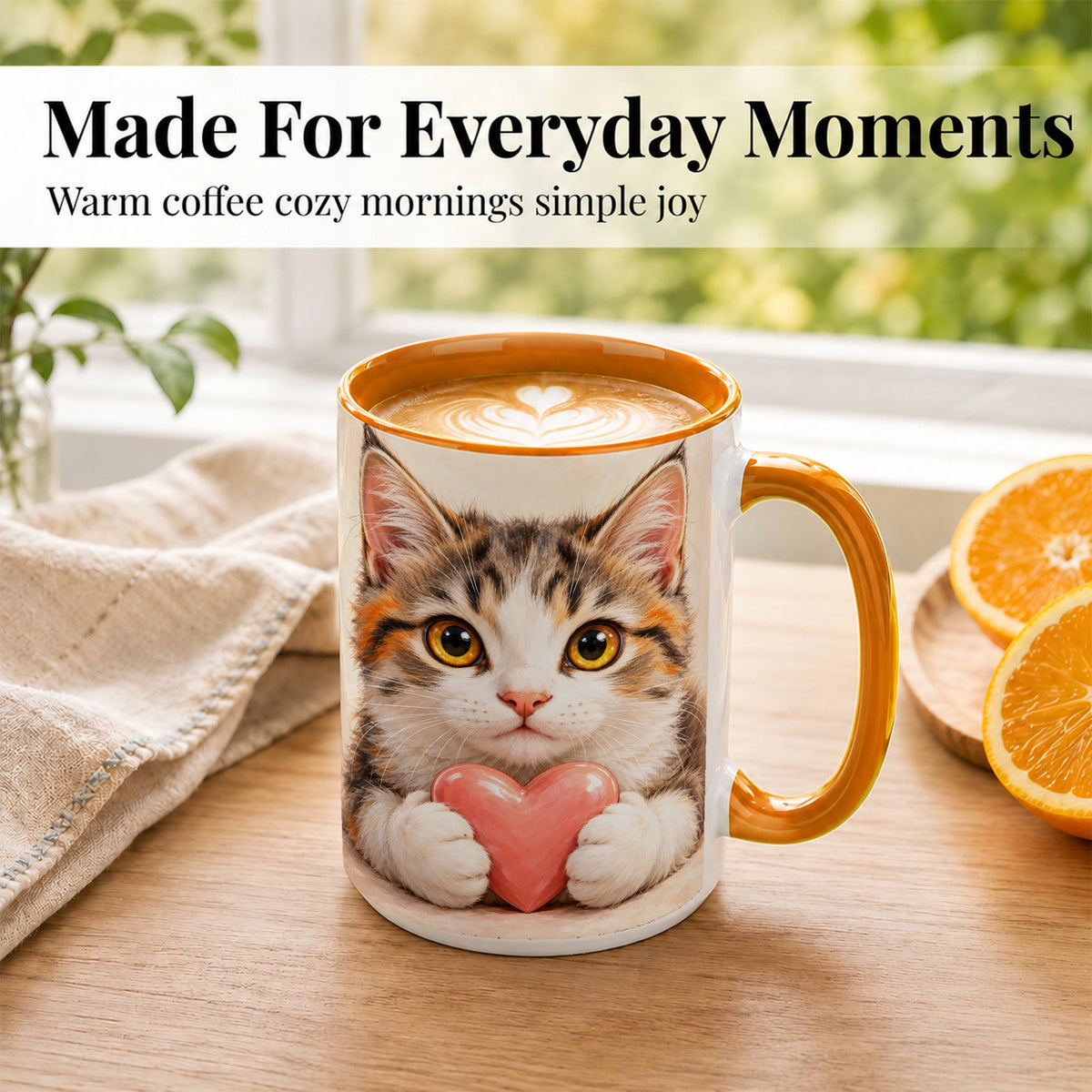 #pl[15oz|Orange] Fluffy Cat Coffee Mug, Calico Kitten Heart Mug, Ceramic Cup