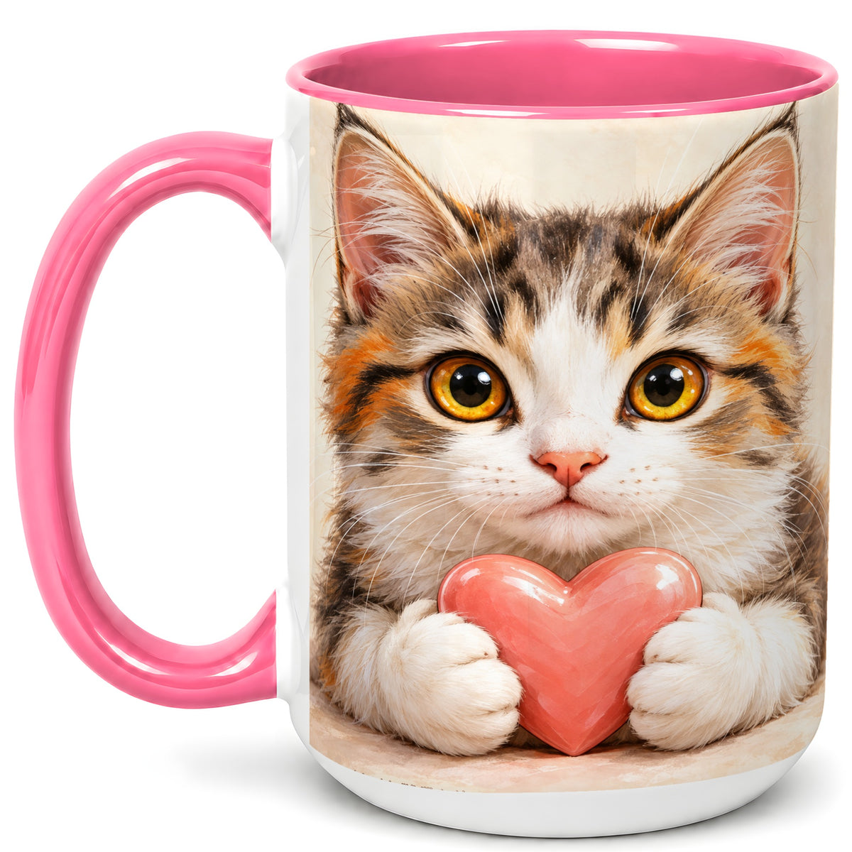 #pl[15oz|Pink] Fluffy Cat Coffee Mug, Calico Kitten Heart Mug, Ceramic Cup