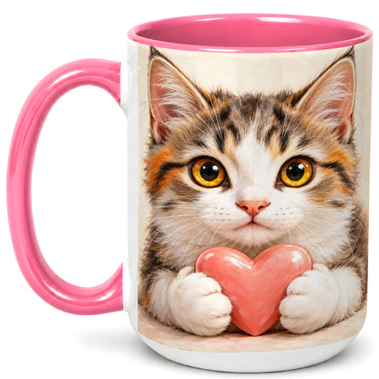#pl[15oz|Pink] Fluffy Cat Coffee Mug, Calico Kitten Heart Mug, Ceramic Cup
