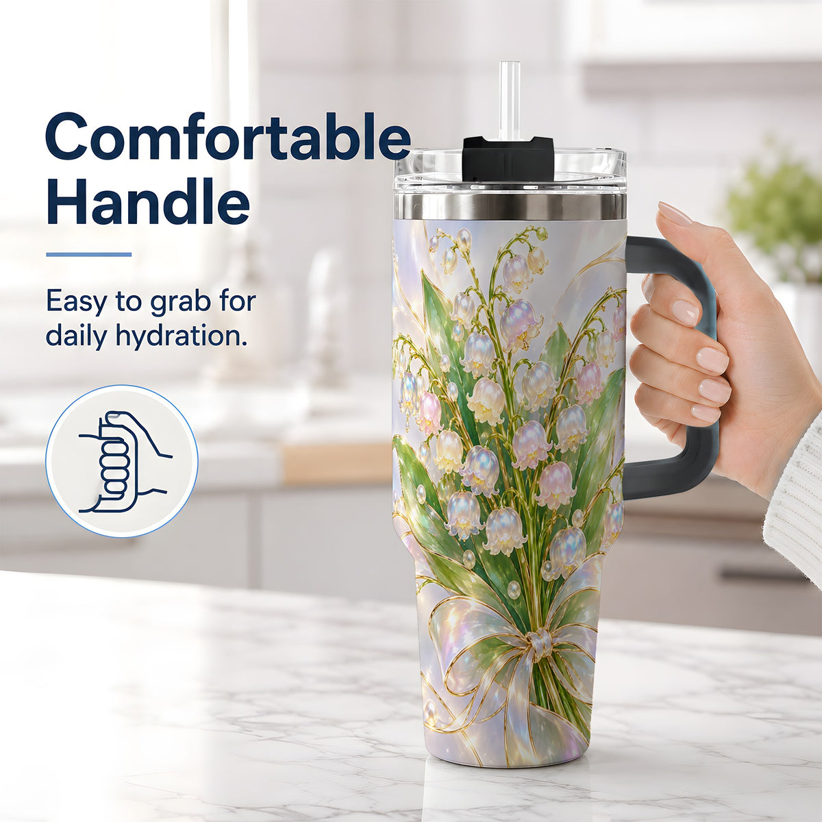 #pl[40oz|Black] Lily of the Valley Ribbon Tumbler, 40oz Iridescent Floral Drinkware