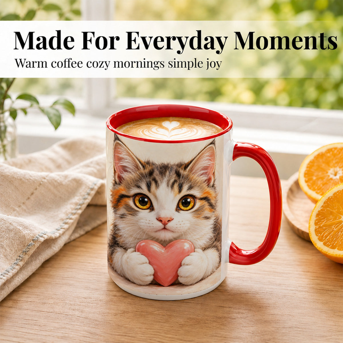 #pl[15oz|Red] Fluffy Cat Coffee Mug, Calico Kitten Heart Mug, Ceramic Cup