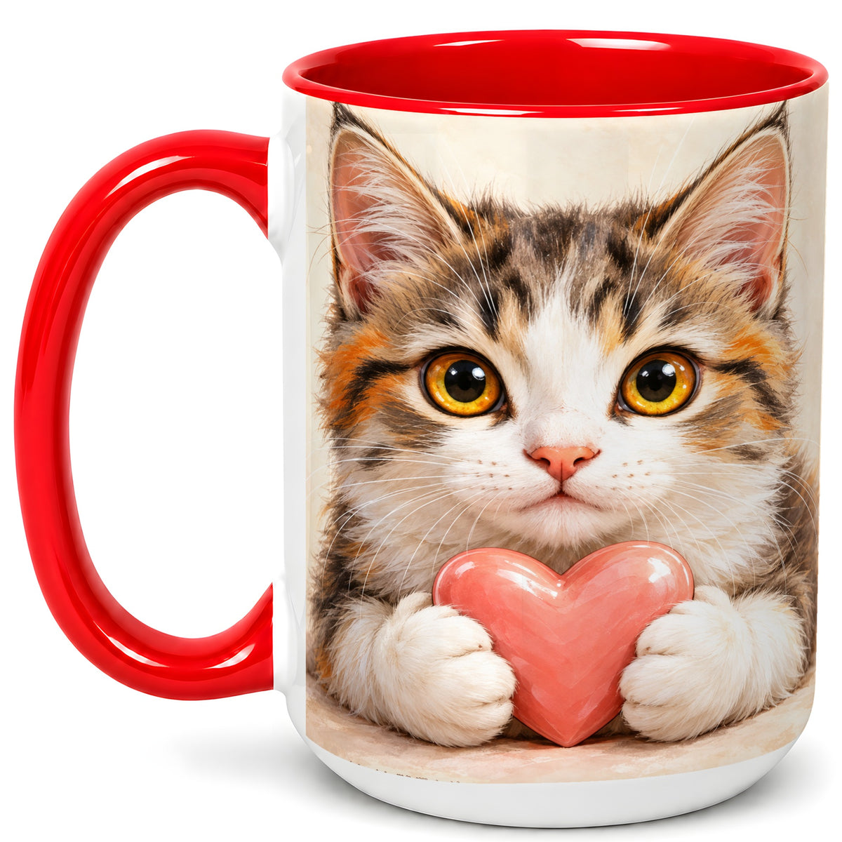 #pl[15oz|Red] Fluffy Cat Coffee Mug, Calico Kitten Heart Mug, Ceramic Cup