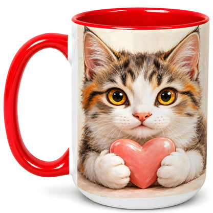 #pl[15oz|Red] Fluffy Cat Coffee Mug, Calico Kitten Heart Mug, Ceramic Cup