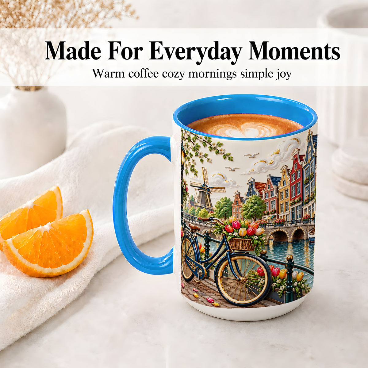#pl[15oz|Blue] Amsterdam Canal Bicycle Tulips Ceramic Mug for Travel Lovers