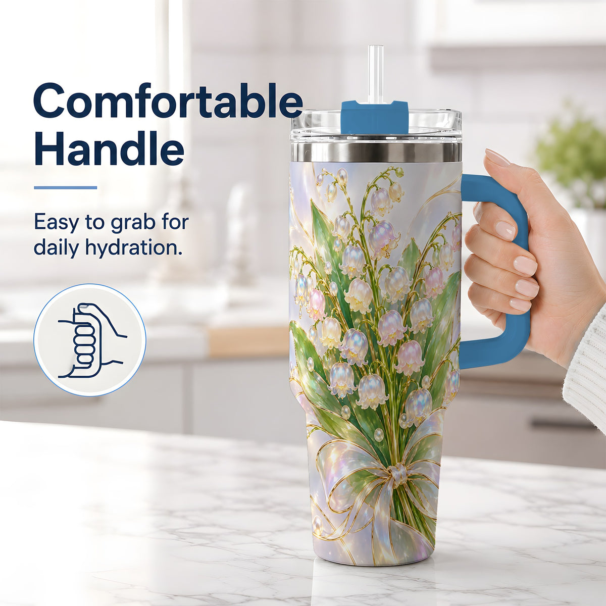 #pl[40oz|Blue] Lily of the Valley Ribbon Tumbler, 40oz Iridescent Floral Drinkware