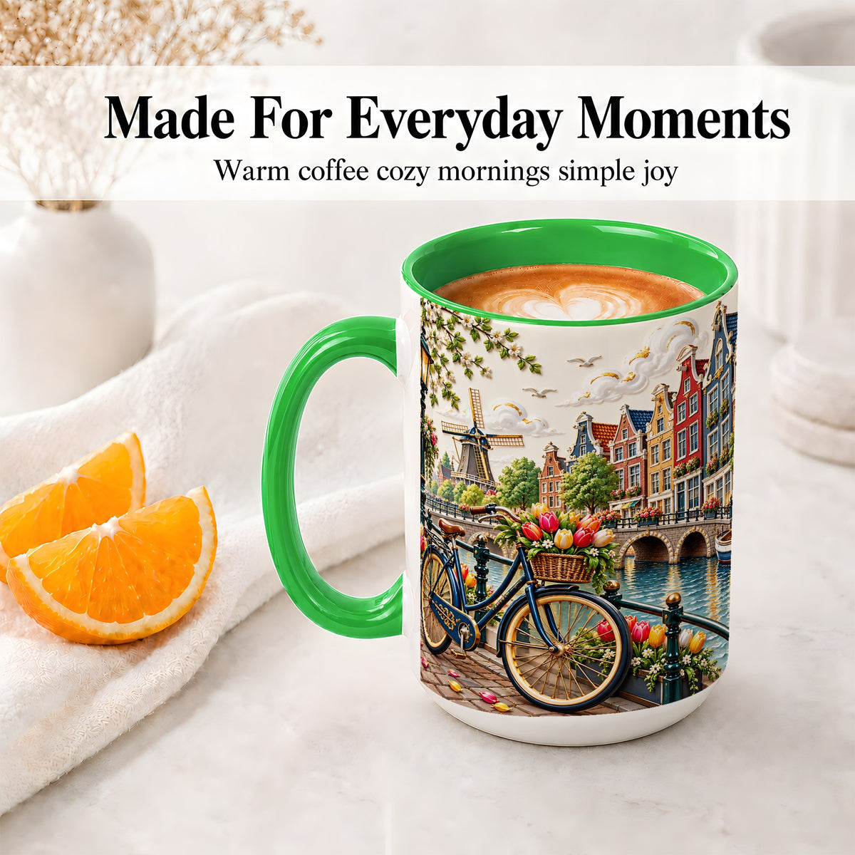 #pl[15oz|Green] Amsterdam Canal Bicycle Tulips Ceramic Mug for Travel Lovers