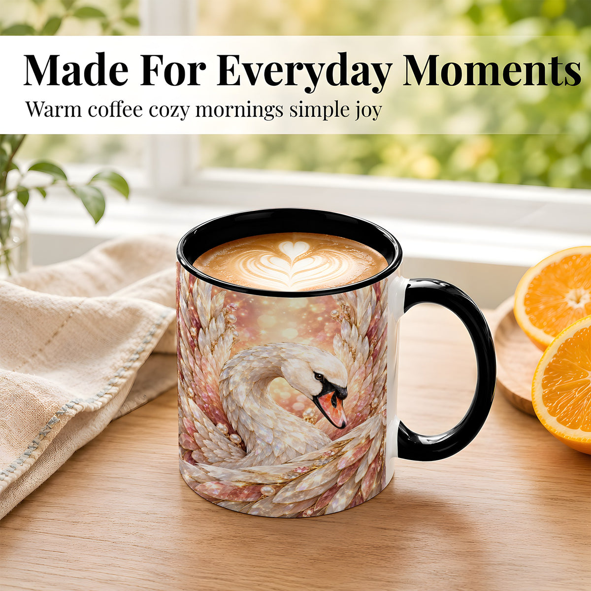 #pl[11oz|Black] Crystal Swan Coffee Mug, Pink Pearl Swan Mug, Ceramic Cup