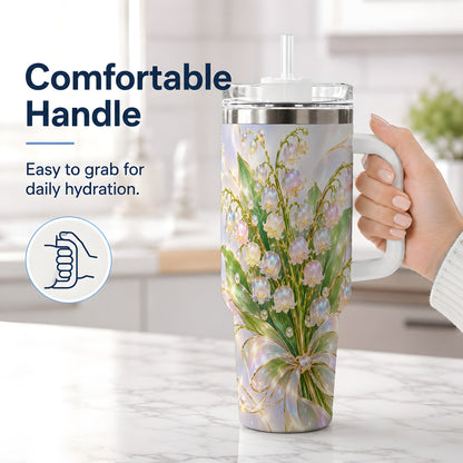 #pl[40oz|White] Lily of the Valley Ribbon Tumbler, 40oz Iridescent Floral Drinkware