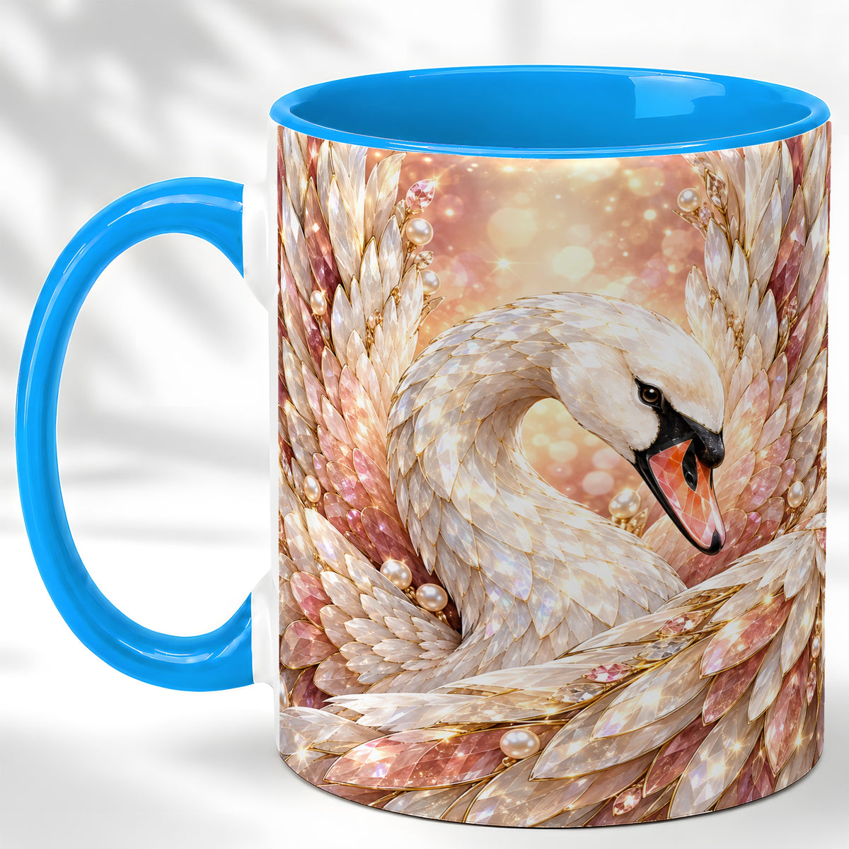 #pl[11oz|Blue] Crystal Swan Coffee Mug, Pink Pearl Swan Mug, Ceramic Cup