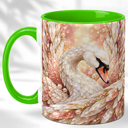 #pl[11oz|Green] Crystal Swan Coffee Mug, Pink Pearl Swan Mug, Ceramic Cup