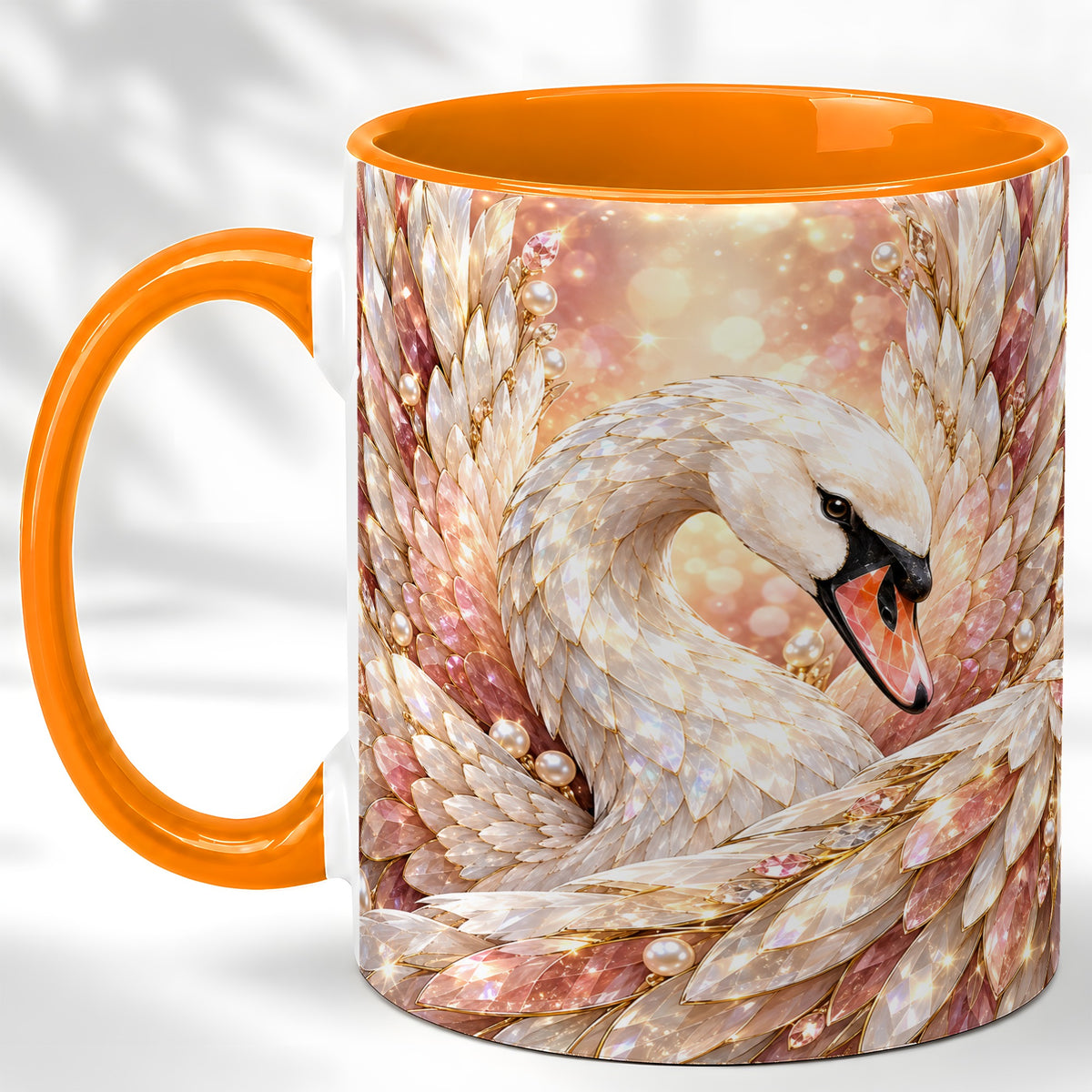 #pl[11oz|Orange] Crystal Swan Coffee Mug, Pink Pearl Swan Mug, Ceramic Cup