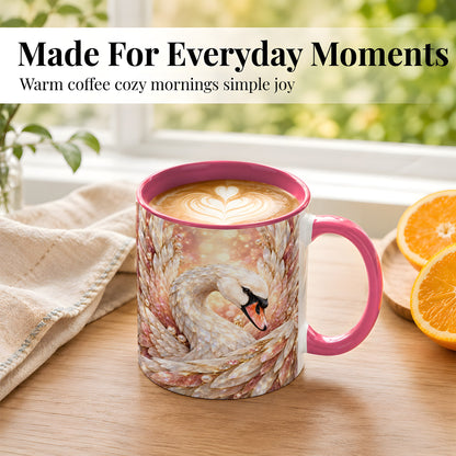 #pl[11oz|Pink] Crystal Swan Coffee Mug, Pink Pearl Swan Mug, Ceramic Cup