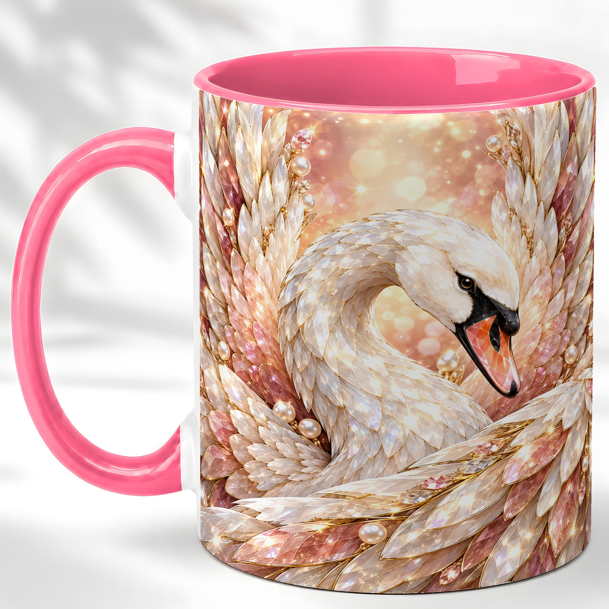 #pl[11oz|Pink] Crystal Swan Coffee Mug, Pink Pearl Swan Mug, Ceramic Cup