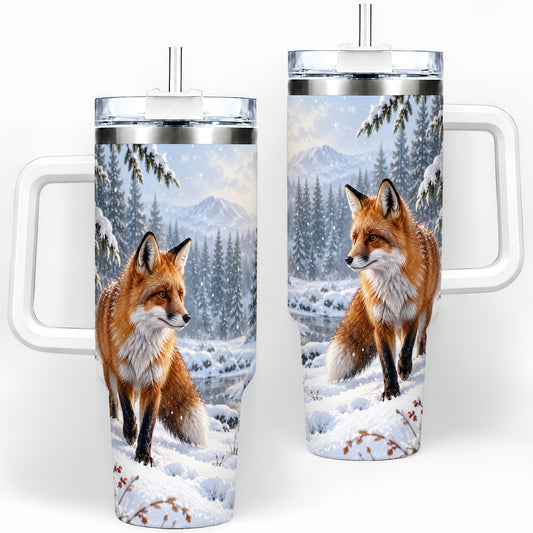 Red Fox Winter Tumbler, 40oz Snowy Wildlife Drinkware for Nature Lovers