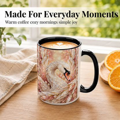 #pl[15oz|Black] Crystal Swan Coffee Mug, Pink Pearl Swan Mug, Ceramic Cup