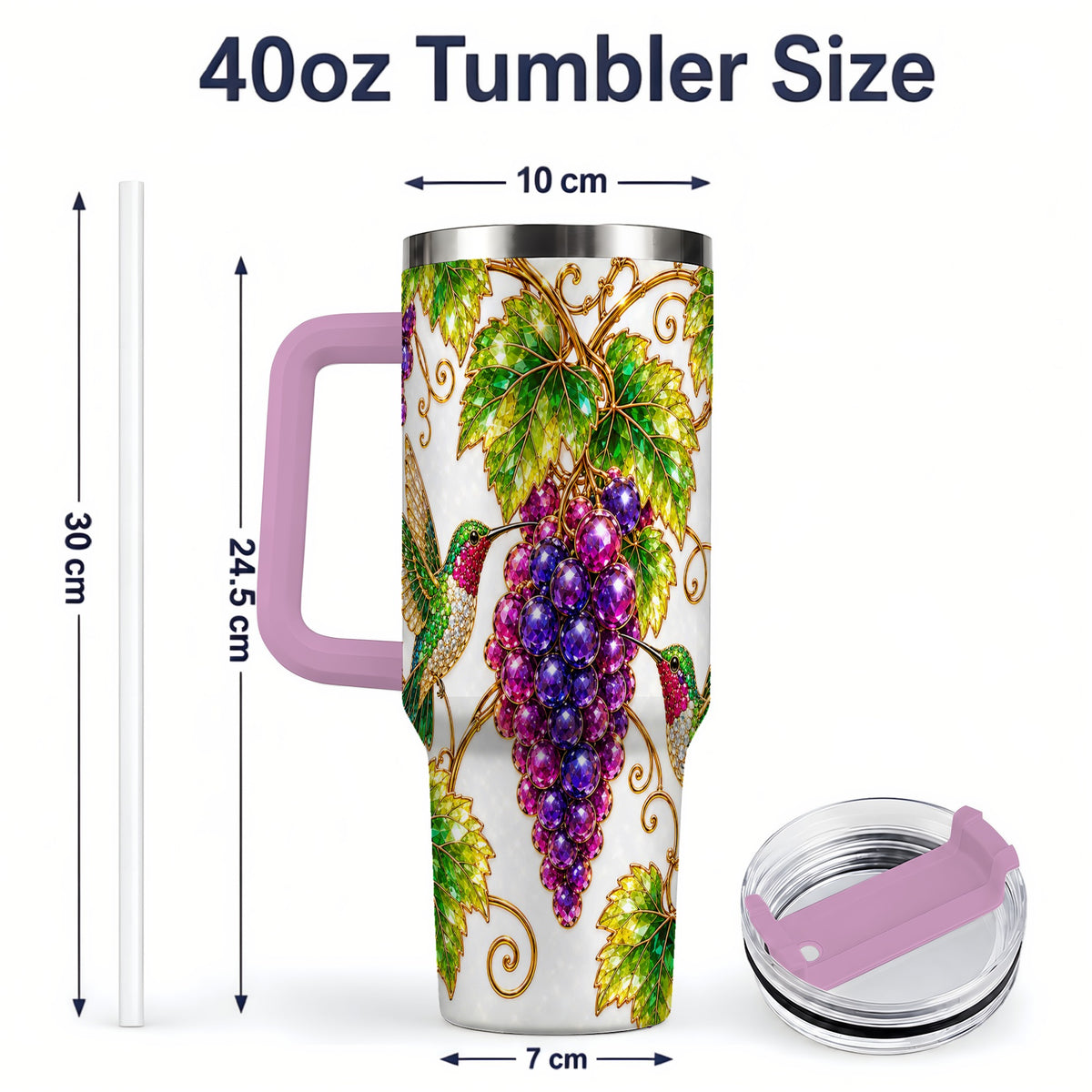 #pl[40oz|Pink] Hummingbird Grape Vine Tumbler, 40oz Colorful Botanical Drinkware