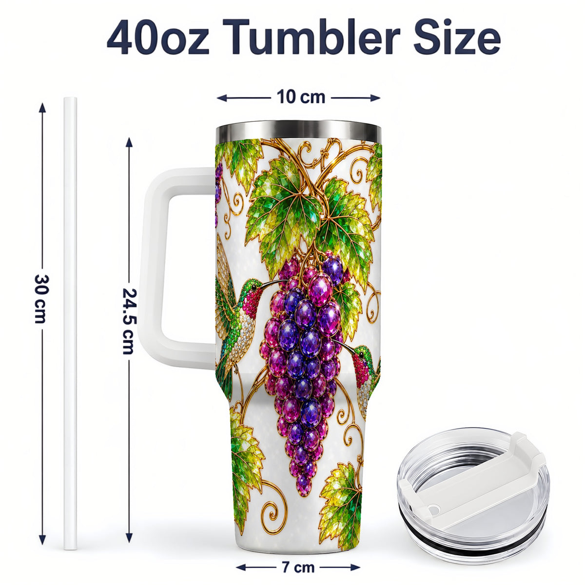 #pl[40oz|White] Hummingbird Grape Vine Tumbler, 40oz Colorful Botanical Drinkware