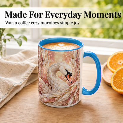 #pl[15oz|Blue] Crystal Swan Coffee Mug, Pink Pearl Swan Mug, Ceramic Cup