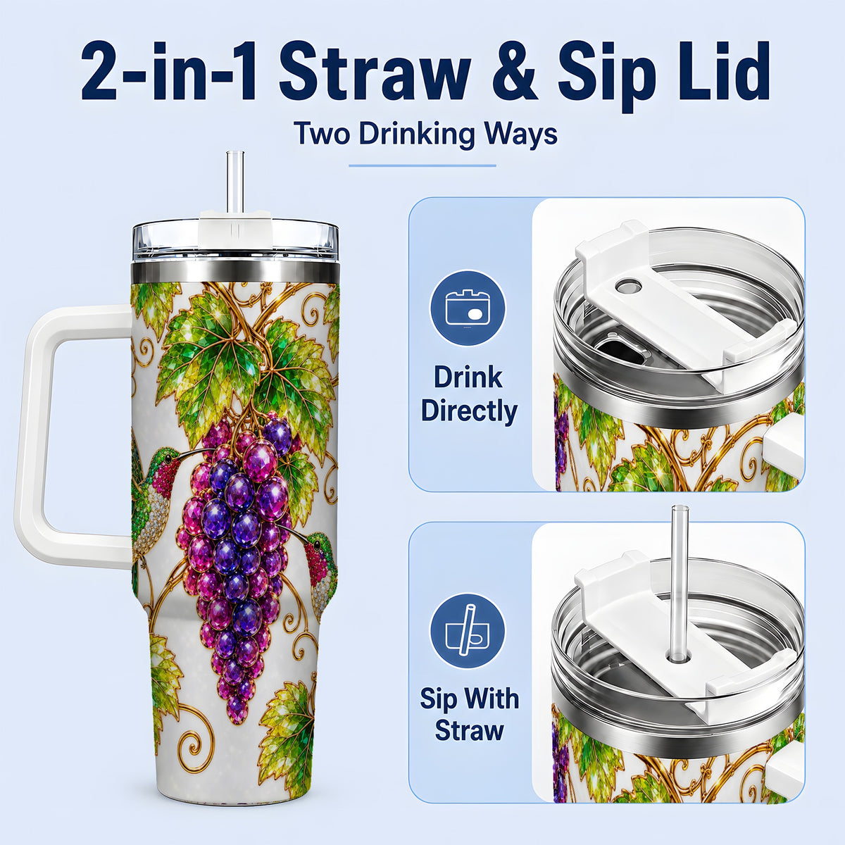 #pl[40oz|White] Hummingbird Grape Vine Tumbler, 40oz Colorful Botanical Drinkware