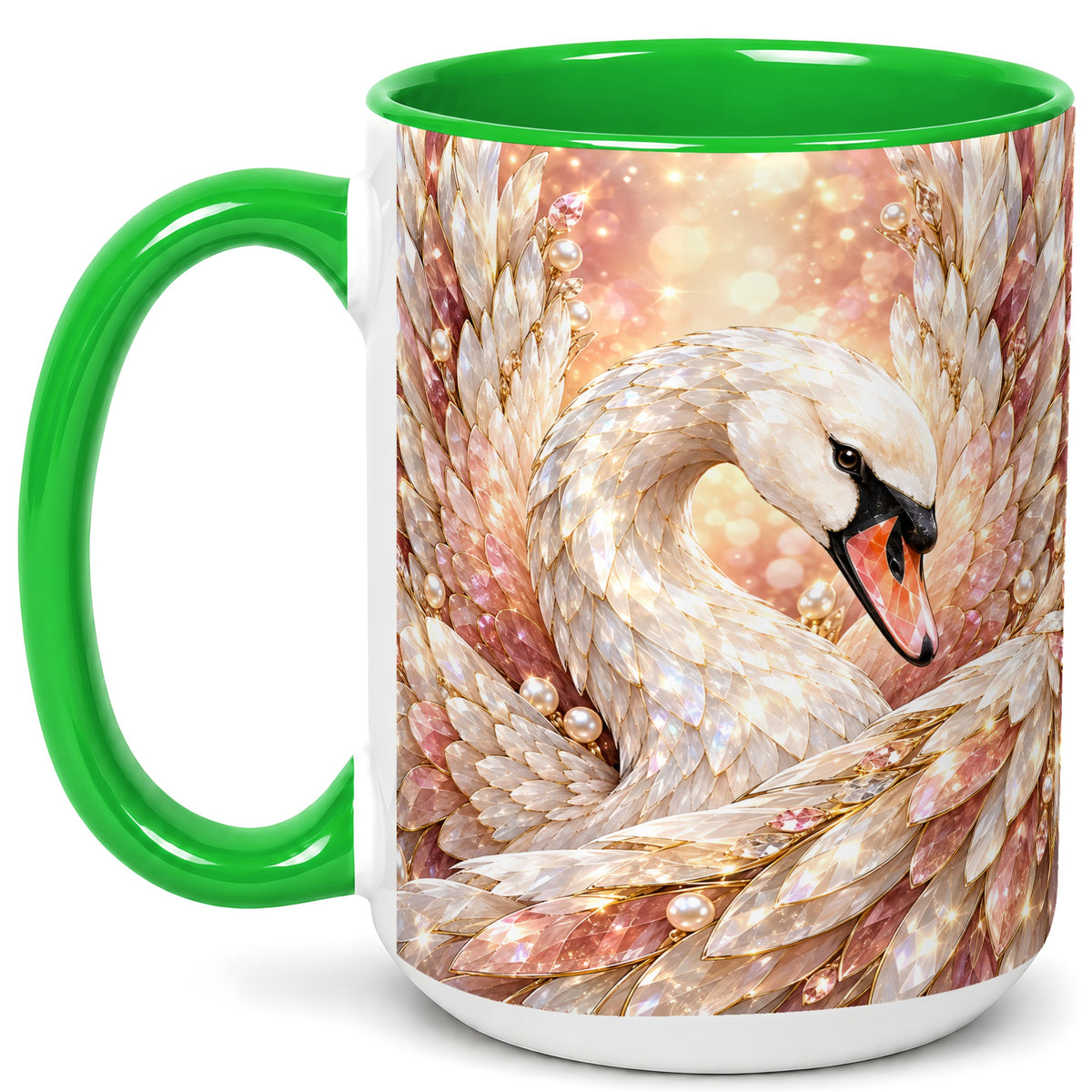 #pl[15oz|Green] Crystal Swan Coffee Mug, Pink Pearl Swan Mug, Ceramic Cup
