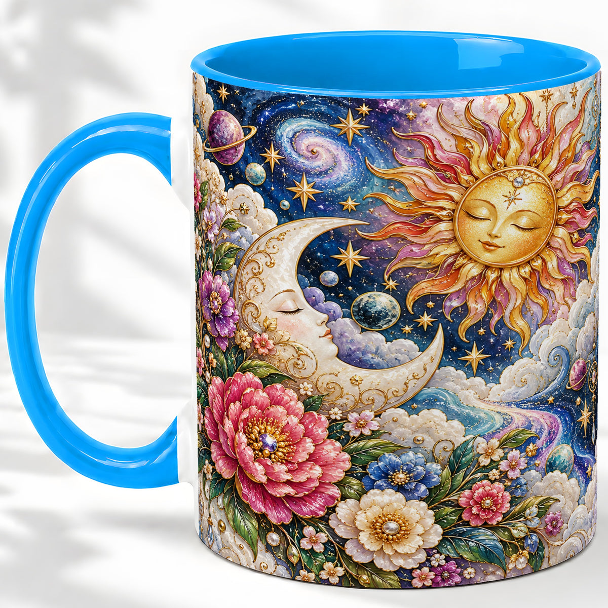 #pl[11oz|Blue] Celestial Sun Moon Ceramic Mug, Floral Galaxy Art for Stargazers