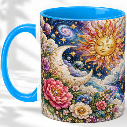 #pl[11oz|Blue] Celestial Sun Moon Ceramic Mug, Floral Galaxy Art for Stargazers