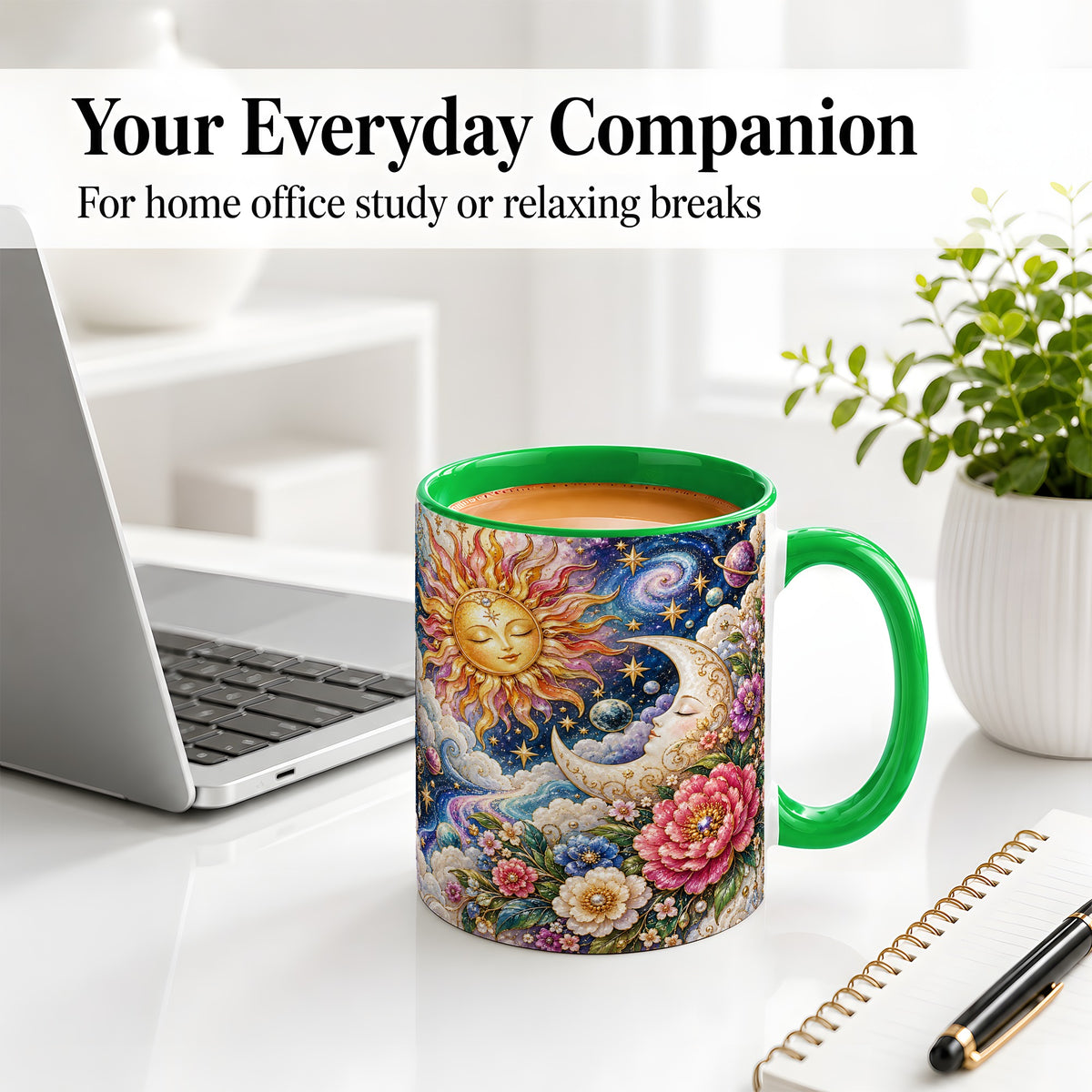 #pl[11oz|Green] Celestial Sun Moon Ceramic Mug, Floral Galaxy Art for Stargazers