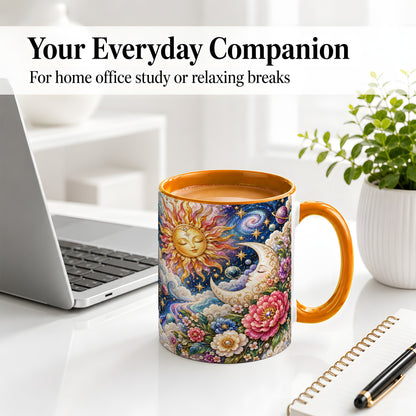 #pl[11oz|Orange] Celestial Sun Moon Ceramic Mug, Floral Galaxy Art for Stargazers