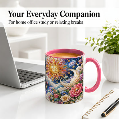 #pl[11oz|Pink] Celestial Sun Moon Ceramic Mug, Floral Galaxy Art for Stargazers