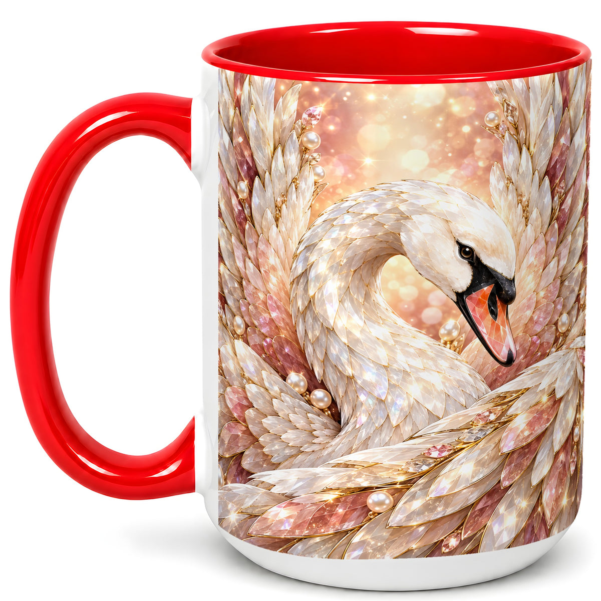 #pl[15oz|Red] Crystal Swan Coffee Mug, Pink Pearl Swan Mug, Ceramic Cup