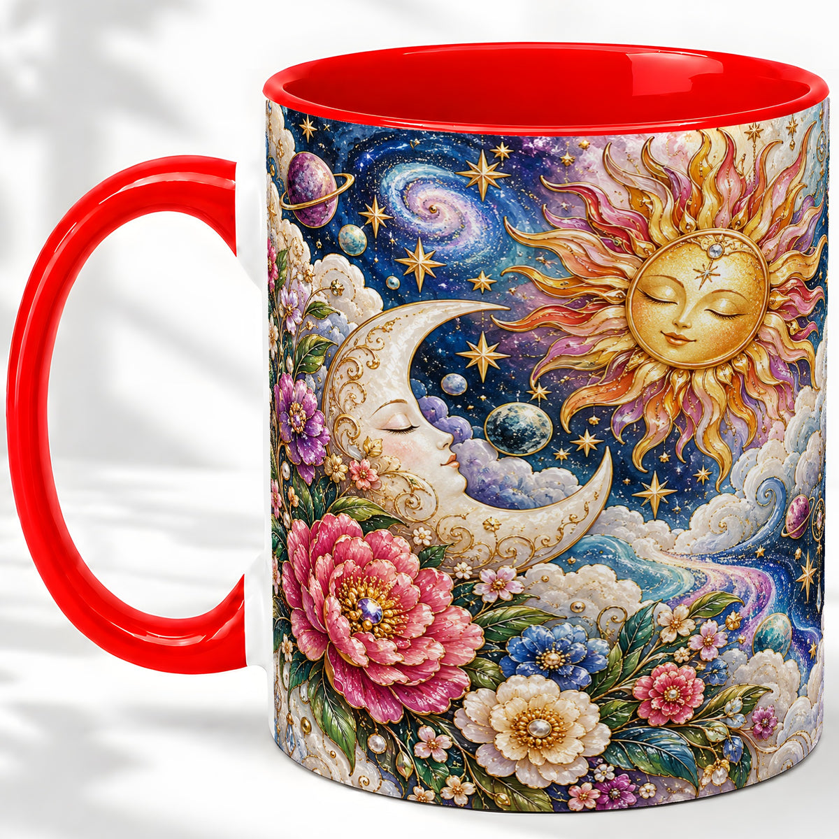 Celestial Sun Moon Ceramic Mug, Floral Galaxy Art for Stargazers
