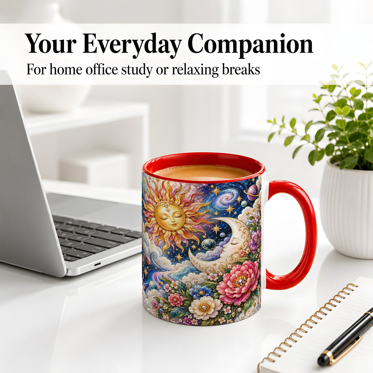 #pl[11oz|Red] Celestial Sun Moon Ceramic Mug, Floral Galaxy Art for Stargazers
