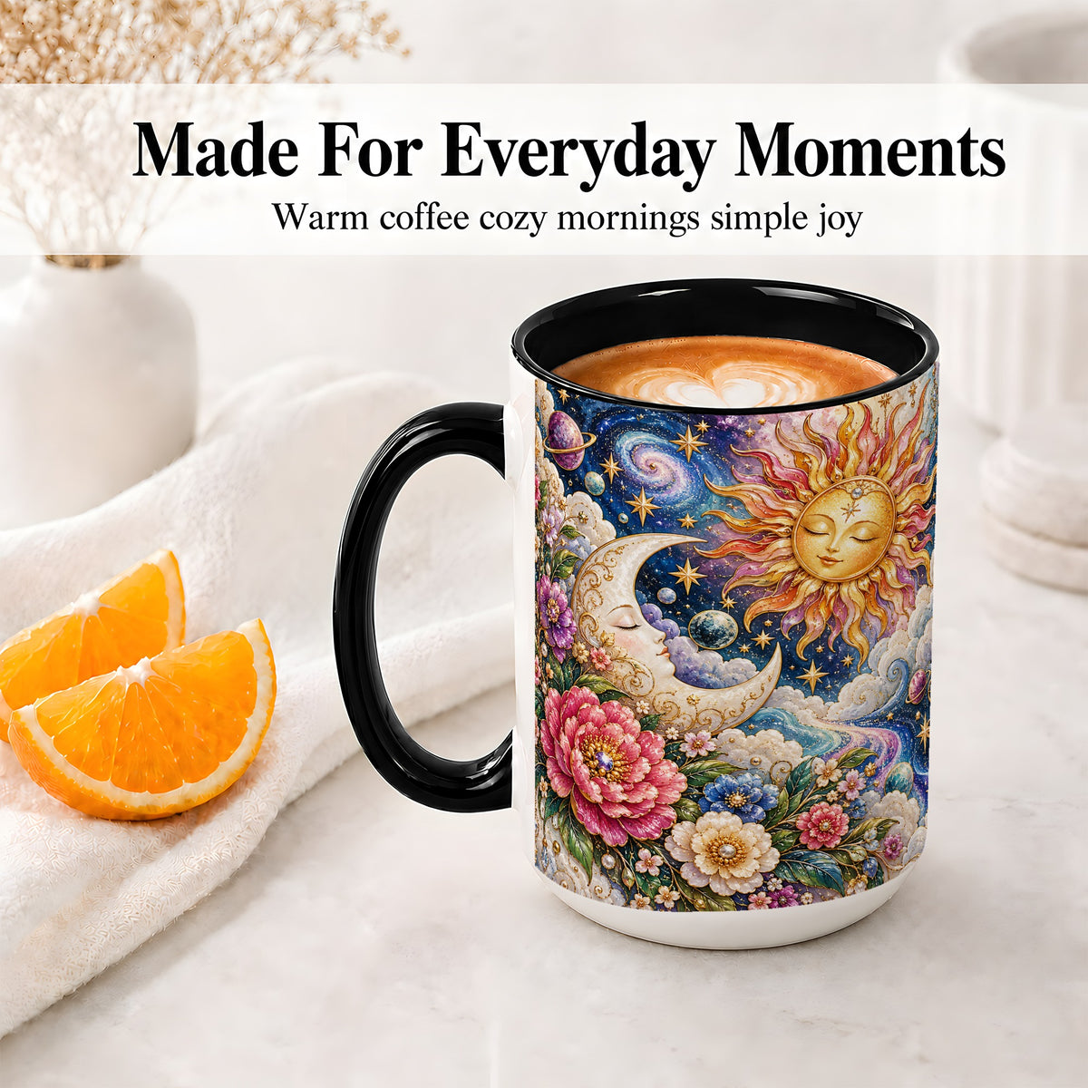 #pl[15oz|Black] Celestial Sun Moon Ceramic Mug, Floral Galaxy Art for Stargazers