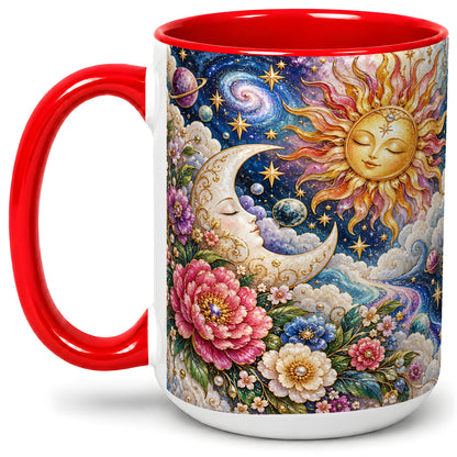 #pl[15oz|Red] Celestial Sun Moon Ceramic Mug, Floral Galaxy Art for Stargazers