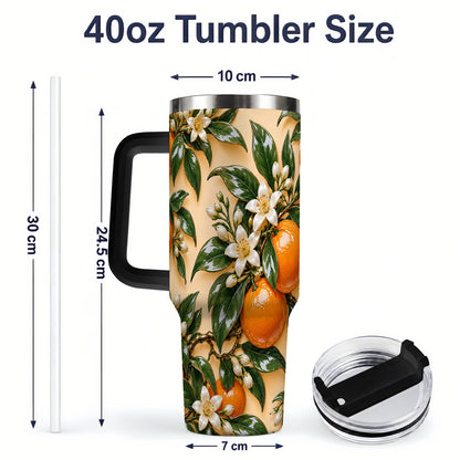 #pl[40oz|Black] Orange Grove Floral Tumbler, 40oz Citrus Botanical Drinkware for Home