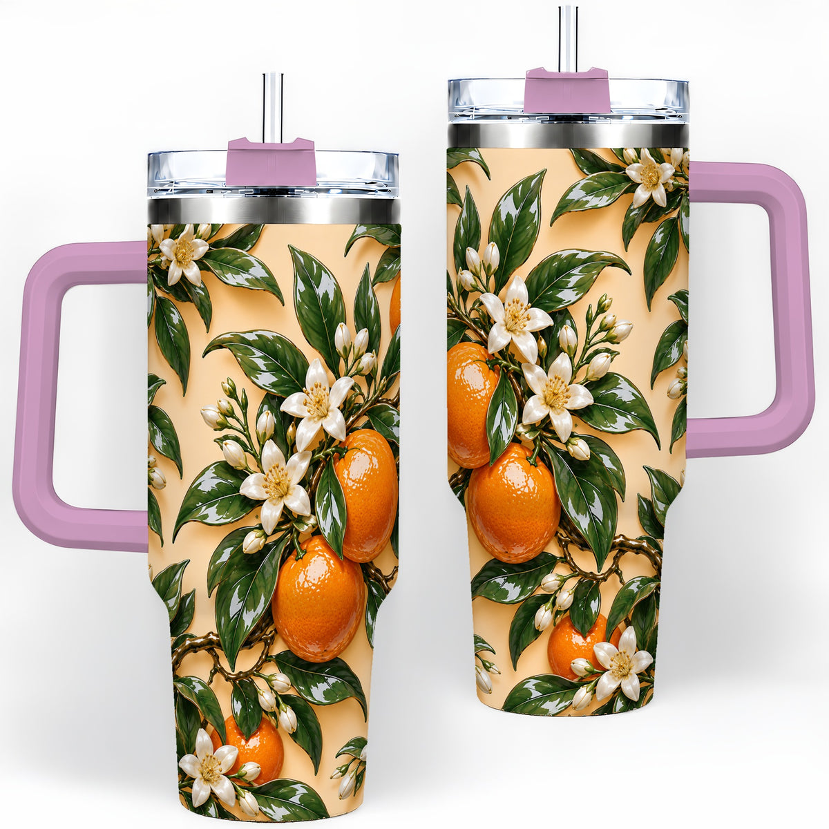 #pl[40oz|Pink] Orange Grove Floral Tumbler, 40oz Citrus Botanical Drinkware for Home