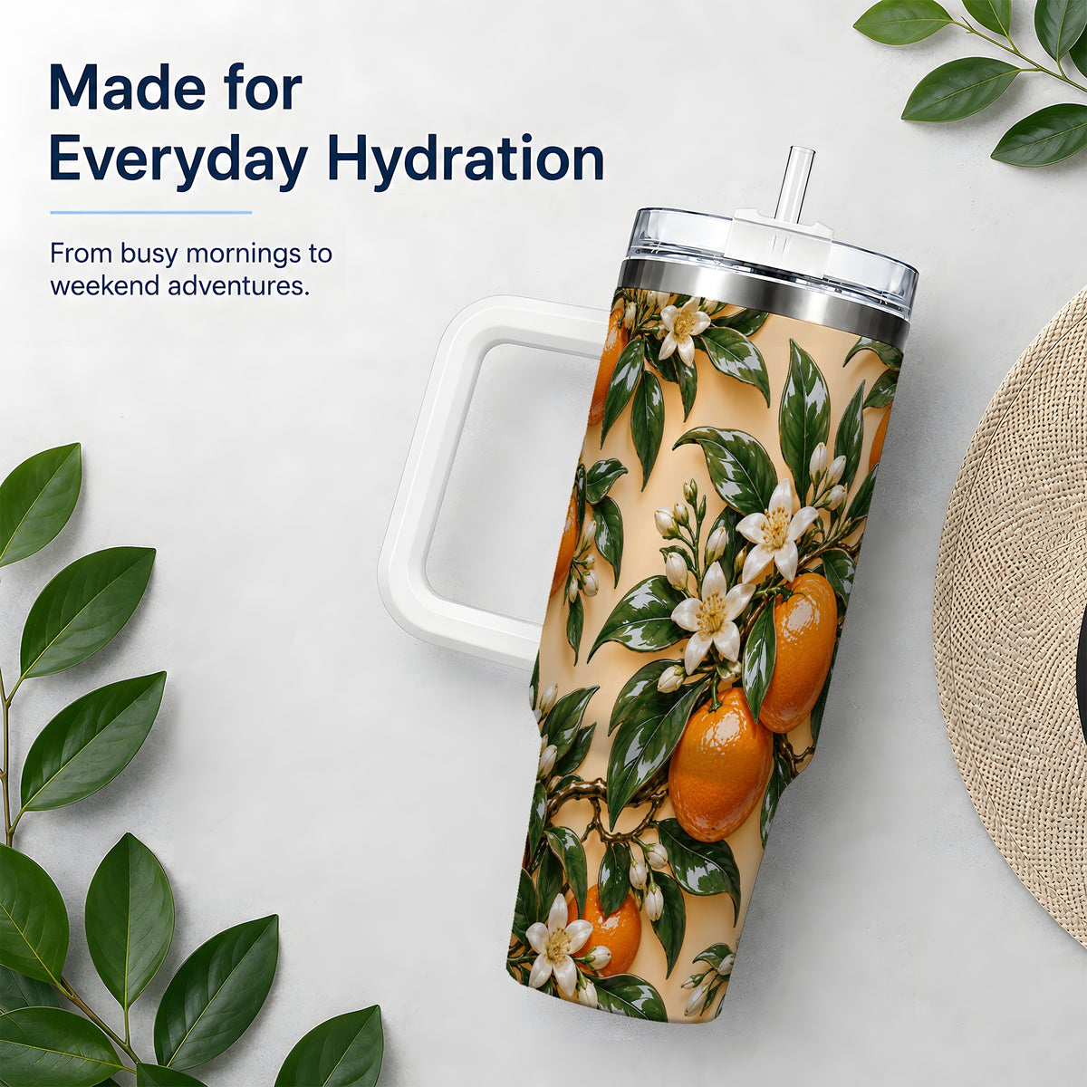 Orange Grove Floral Tumbler, 40oz Citrus Botanical Drinkware for Home