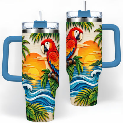 #pl[40oz|Blue] Macaw Beach Sunset Tumbler, 40oz Tropical Drinkware for Bird Lovers