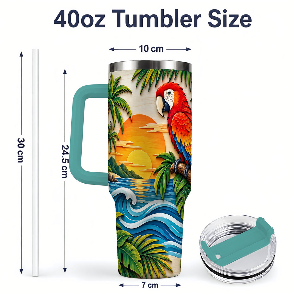 #pl[40oz|Green] Macaw Beach Sunset Tumbler, 40oz Tropical Drinkware for Bird Lovers