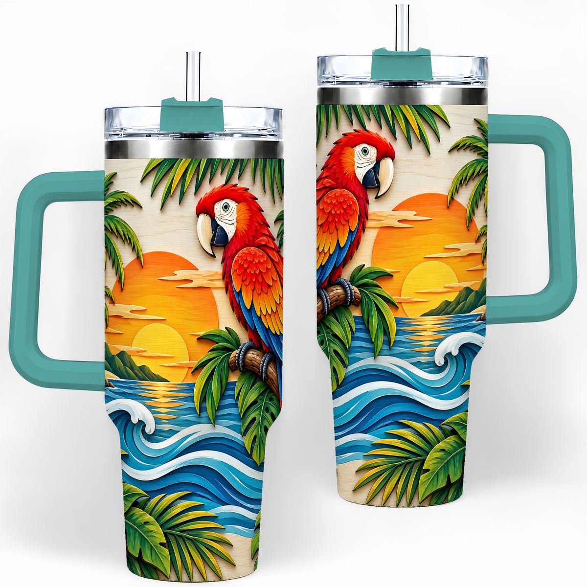 #pl[40oz|Green] Macaw Beach Sunset Tumbler, 40oz Tropical Drinkware for Bird Lovers