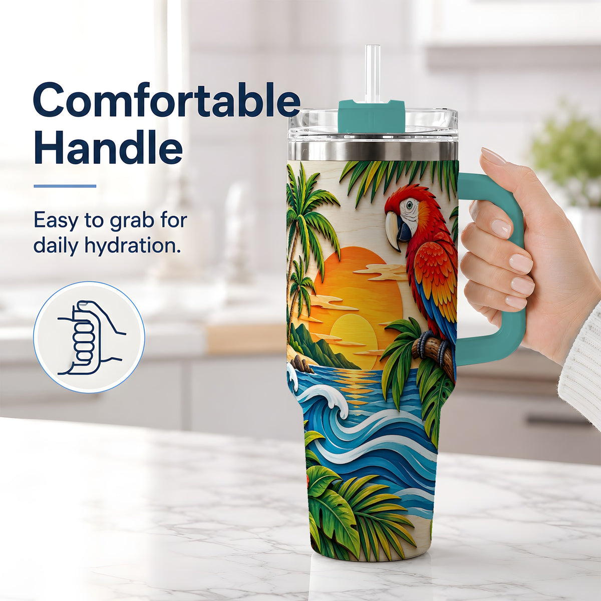 #pl[40oz|Green] Macaw Beach Sunset Tumbler, 40oz Tropical Drinkware for Bird Lovers