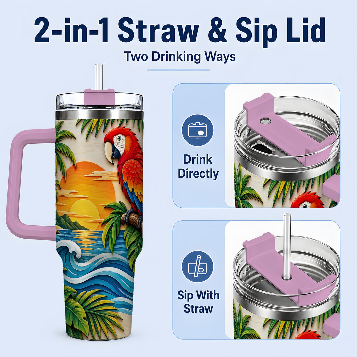 #pl[40oz|Pink] Macaw Beach Sunset Tumbler, 40oz Tropical Drinkware for Bird Lovers