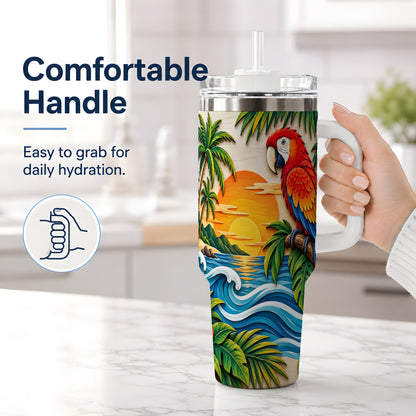 #pl[40oz|White] Macaw Beach Sunset Tumbler, 40oz Tropical Drinkware for Bird Lovers