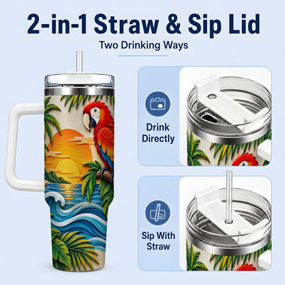 #pl[40oz|White] Macaw Beach Sunset Tumbler, 40oz Tropical Drinkware for Bird Lovers