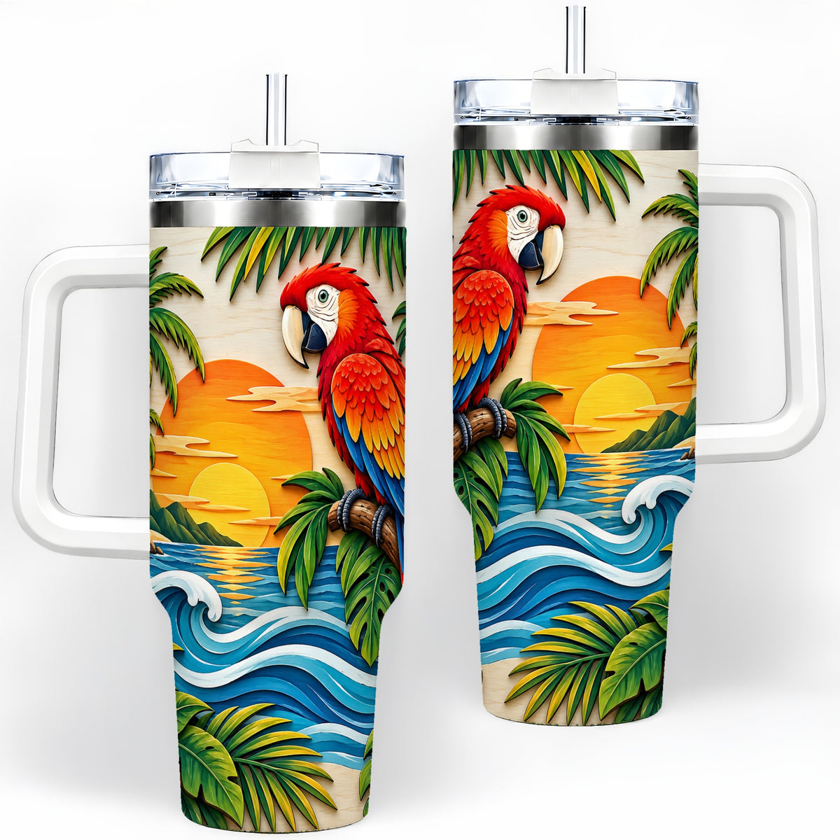 Macaw Beach Sunset Tumbler, 40oz Tropical Drinkware for Bird Lovers